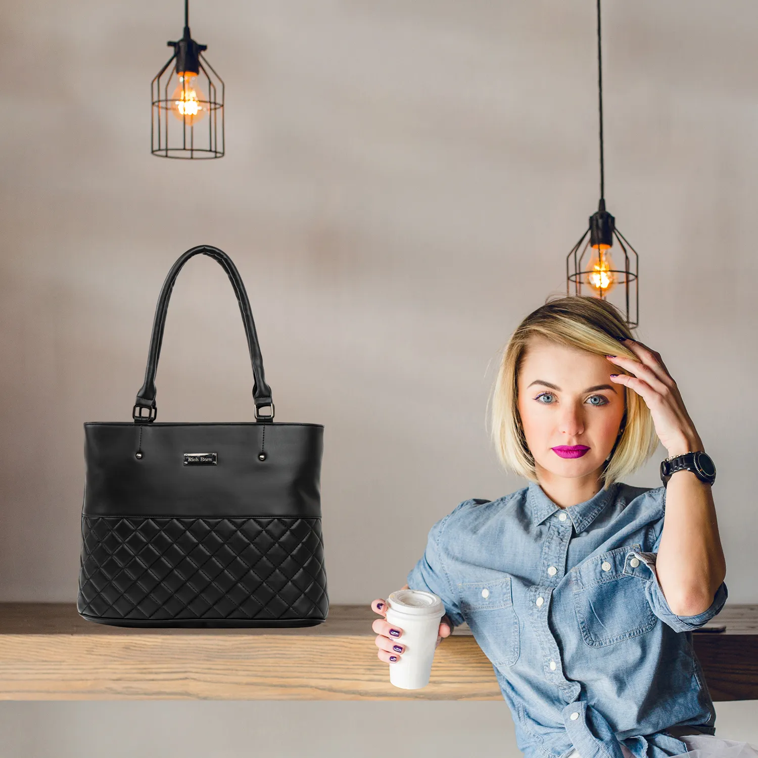 Richborn Quilted Contrast Tote Bag for Women | Premium PU Leather Shoulder Handbag | Large Office & Everyday Carry